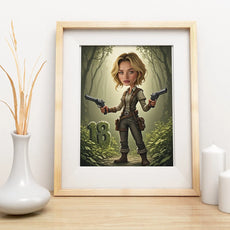 Framed cartoon illustration of female adventurer with two pistols in jungle setting