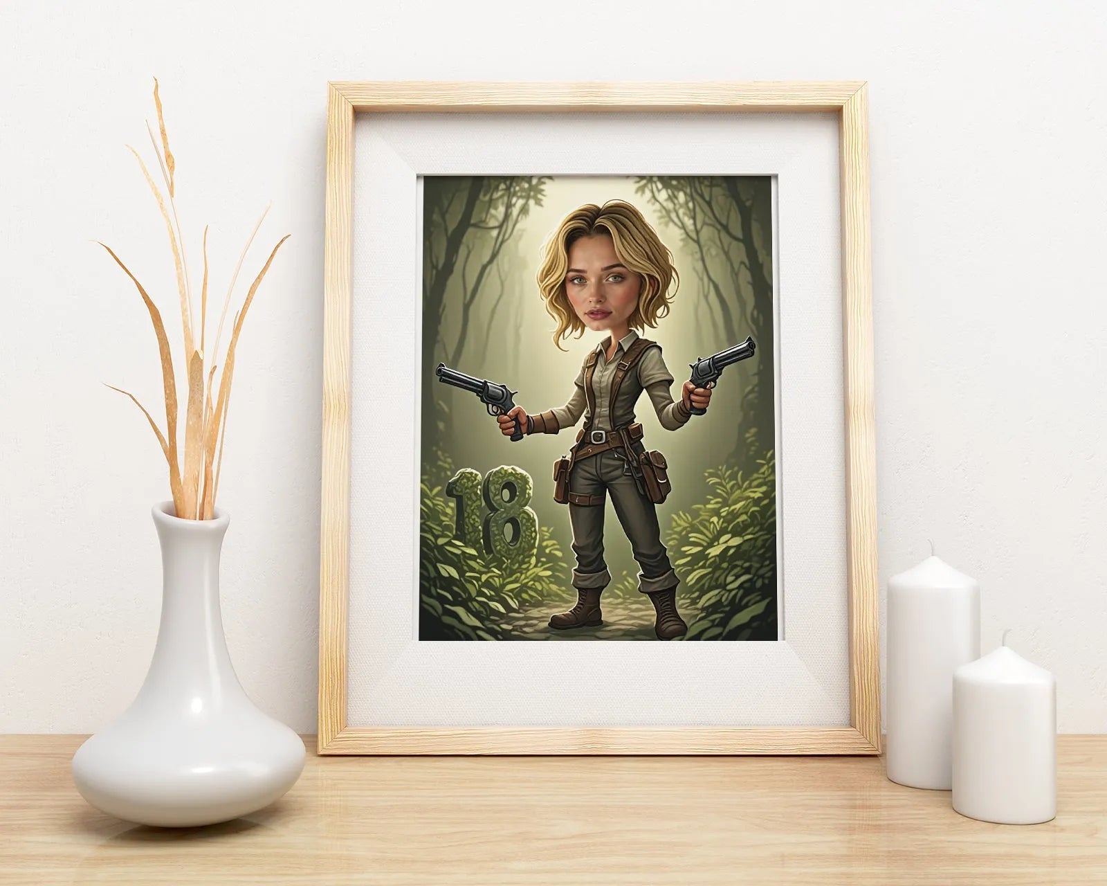 Framed cartoon illustration of female adventurer with two pistols in jungle setting