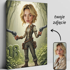 Niemej kobiety w stylu Lara Croft z dwoma rewolwerami na personalizowanym płótnie