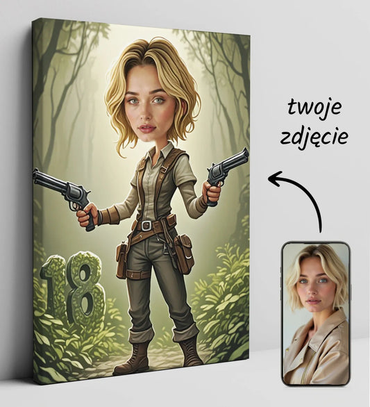 Niemej kobiety w stylu Lara Croft z dwoma rewolwerami na personalizowanym płótnie
