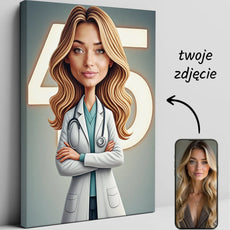 Personalizowany kreskówkowy portret lekarki na płótnie na prezent urodzinowy