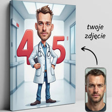 Spersonalizowana urodzinowa kanwa z lekarzem-karikaturą na Karykatura lekarza z okazji urodzin