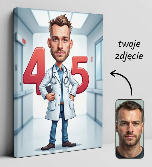 Spersonalizowana urodzinowa kanwa z lekarzem-karikaturą na Karykatura lekarza z okazji urodzin