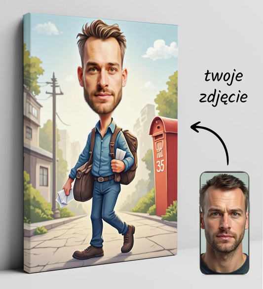 Karikatura na płótnie do prezentu urodzinowego listonosza