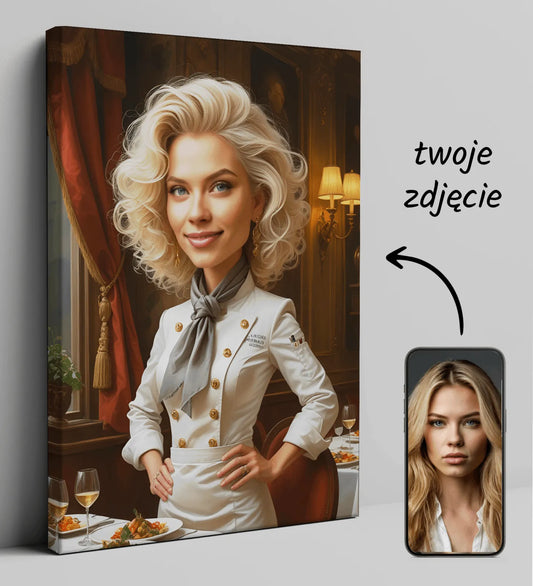 Portret karykatury szefa kuchni na płótnie w stylu Magdy Gessler