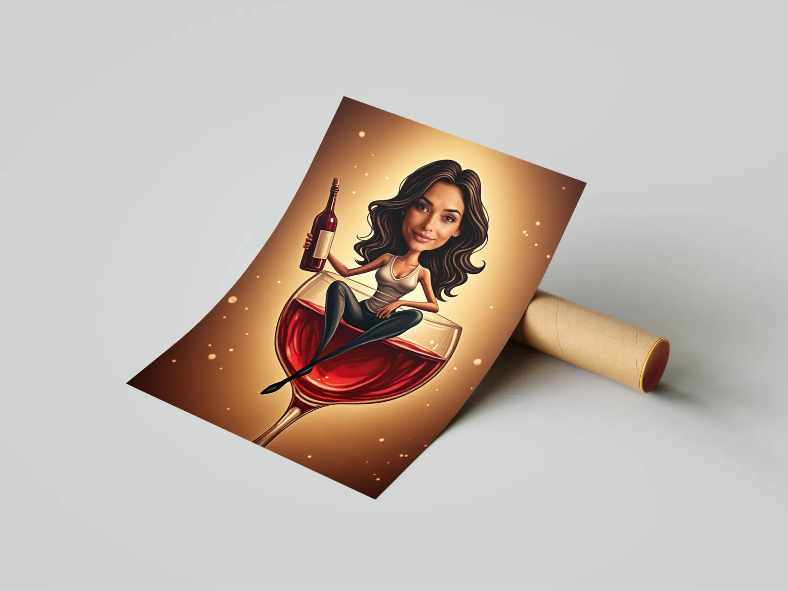 Kolorowa plakat karykatura miłośniczki wina z kobietą siedzącą w kieliszku