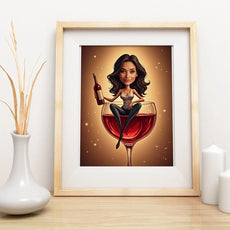 Framed caricature print of a woman sitting inside a wine glass for Karykatura miłośniczki wina