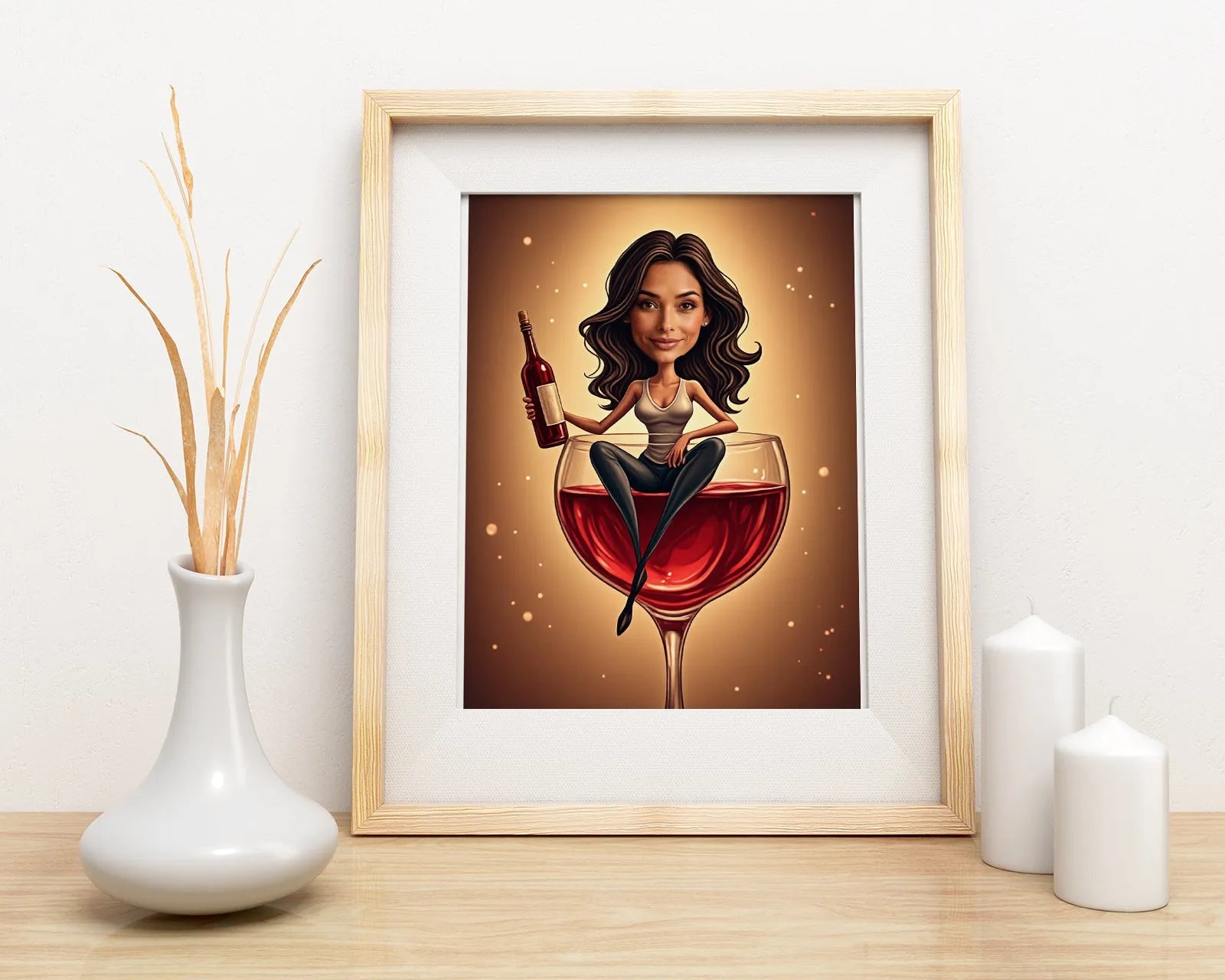 Framed caricature print of a woman sitting inside a wine glass for Karykatura miłośniczki wina