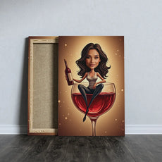 Canvas print z kreskówką kobiety siedzącej w kieliszku wina, Karykatura miłośniczki wina