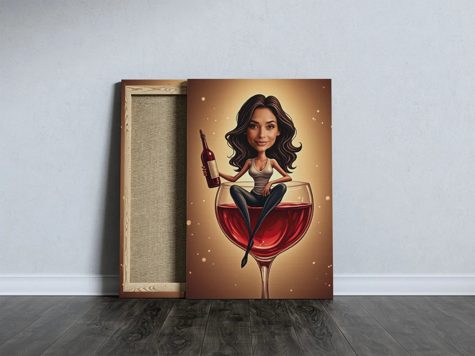 Canvas print z kreskówką kobiety siedzącej w kieliszku wina, Karykatura miłośniczki wina