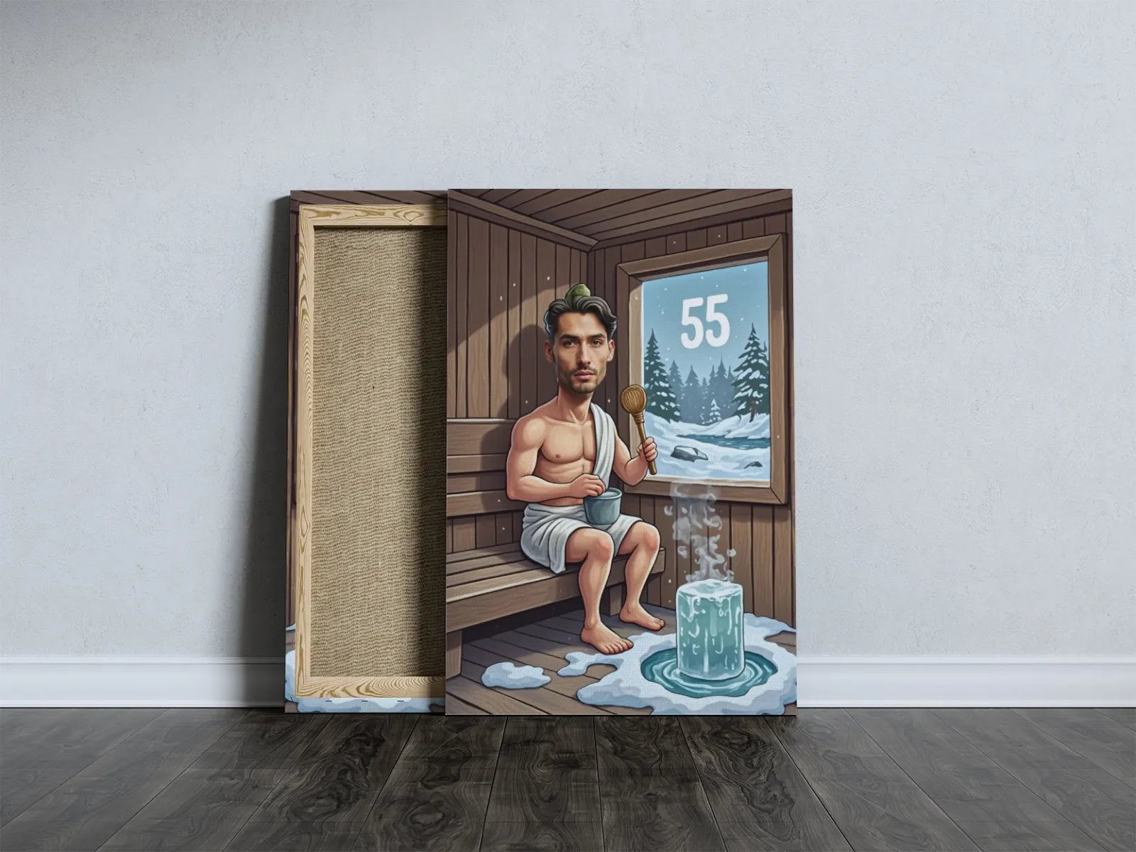 Canvas print przedstawiający mężczyznę w saunie jako prezent na 55. urodziny