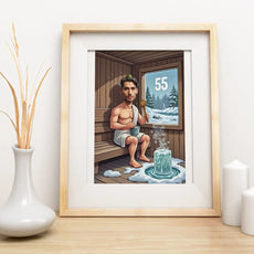 Framed sauna scene art for sauna and winter swimming enthusiast, perfect birthday gift