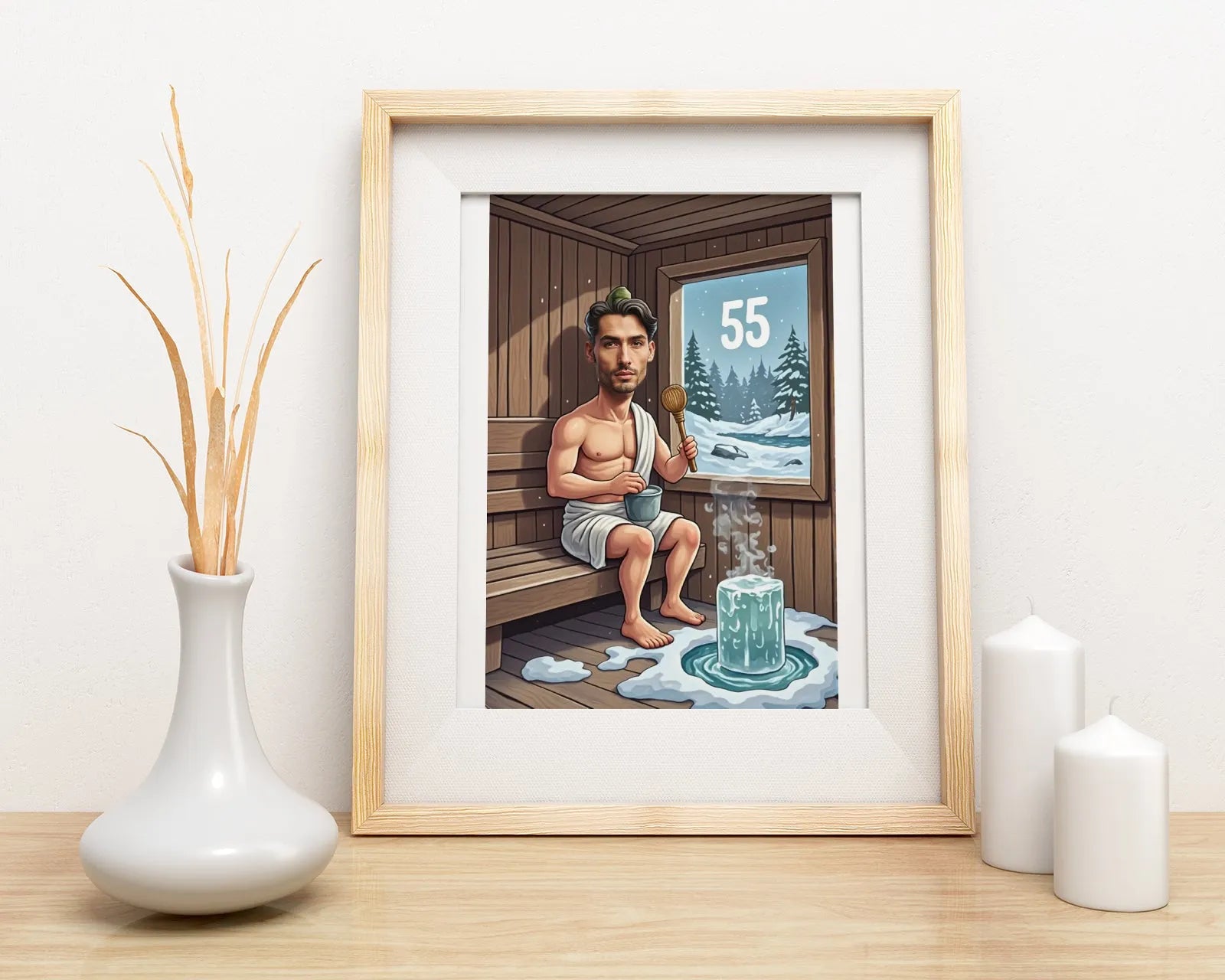 Framed sauna scene art for sauna and winter swimming enthusiast, perfect birthday gift
