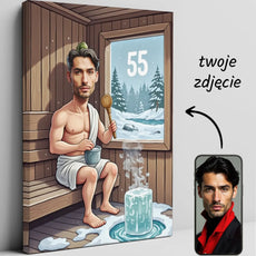 Personalizowana karikatura na płótnie dla miłośnika sauny i morsowania na 55 urodziny