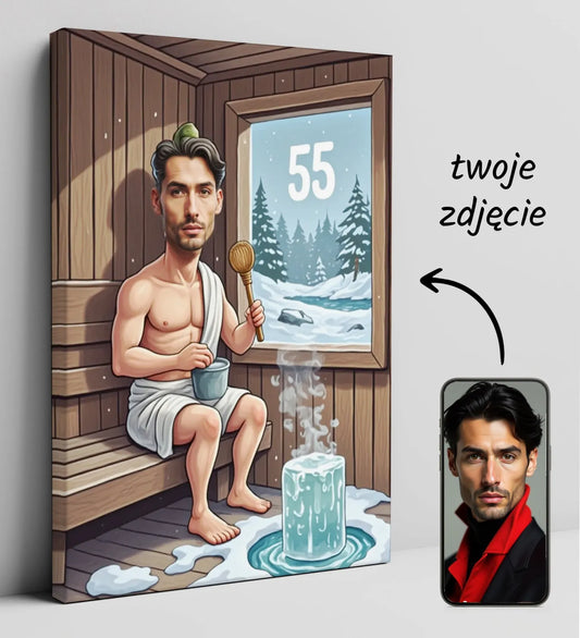 Personalizowana karikatura na płótnie dla miłośnika sauny i morsowania na 55 urodziny