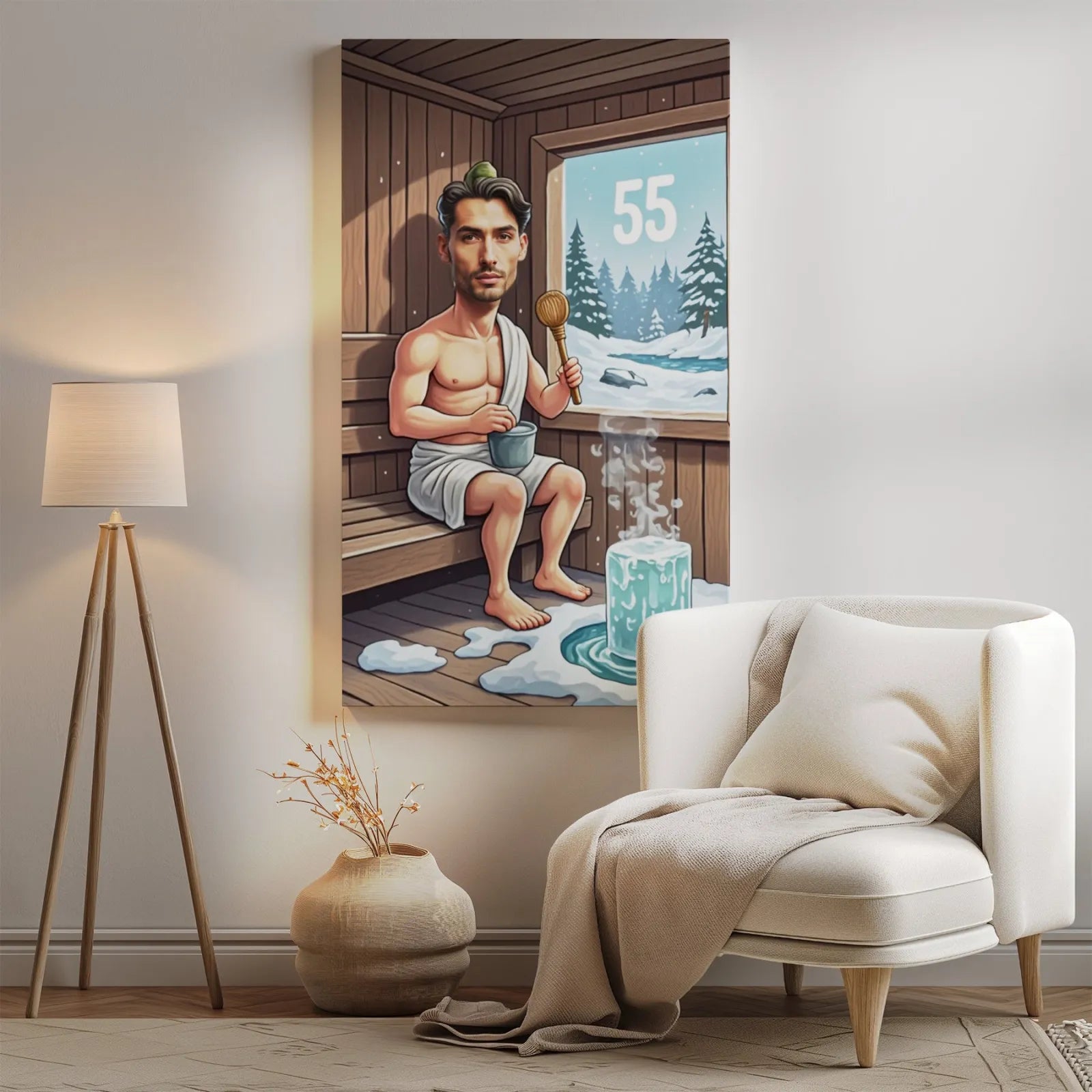 Framed sauna caricature as a unique gift for 55th birthday celebration