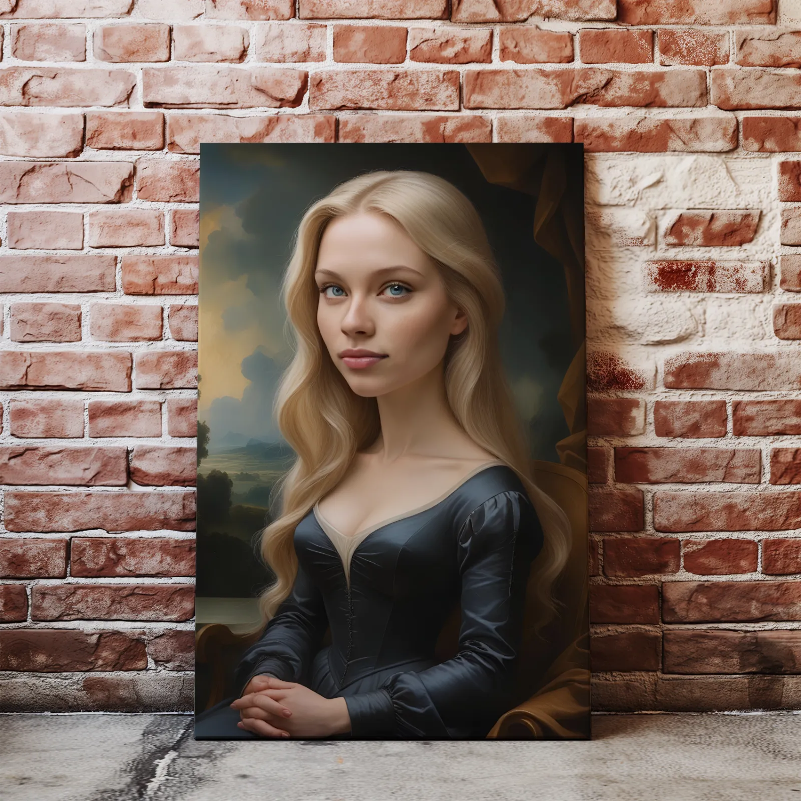 Portret blondynki w ciemnej sukni, stylizowany na Karykaturę Mona Lizy
