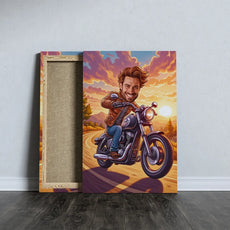 Canvas print of a man riding a motorcycle in personalized Karykatura Motocyklisty artwork