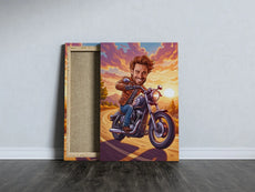 Canvas print of a man riding a motorcycle in personalized Karykatura Motocyklisty artwork