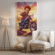 Karykatura Motocyklisty na tle kolorowego motocykla w stylu komiksowym