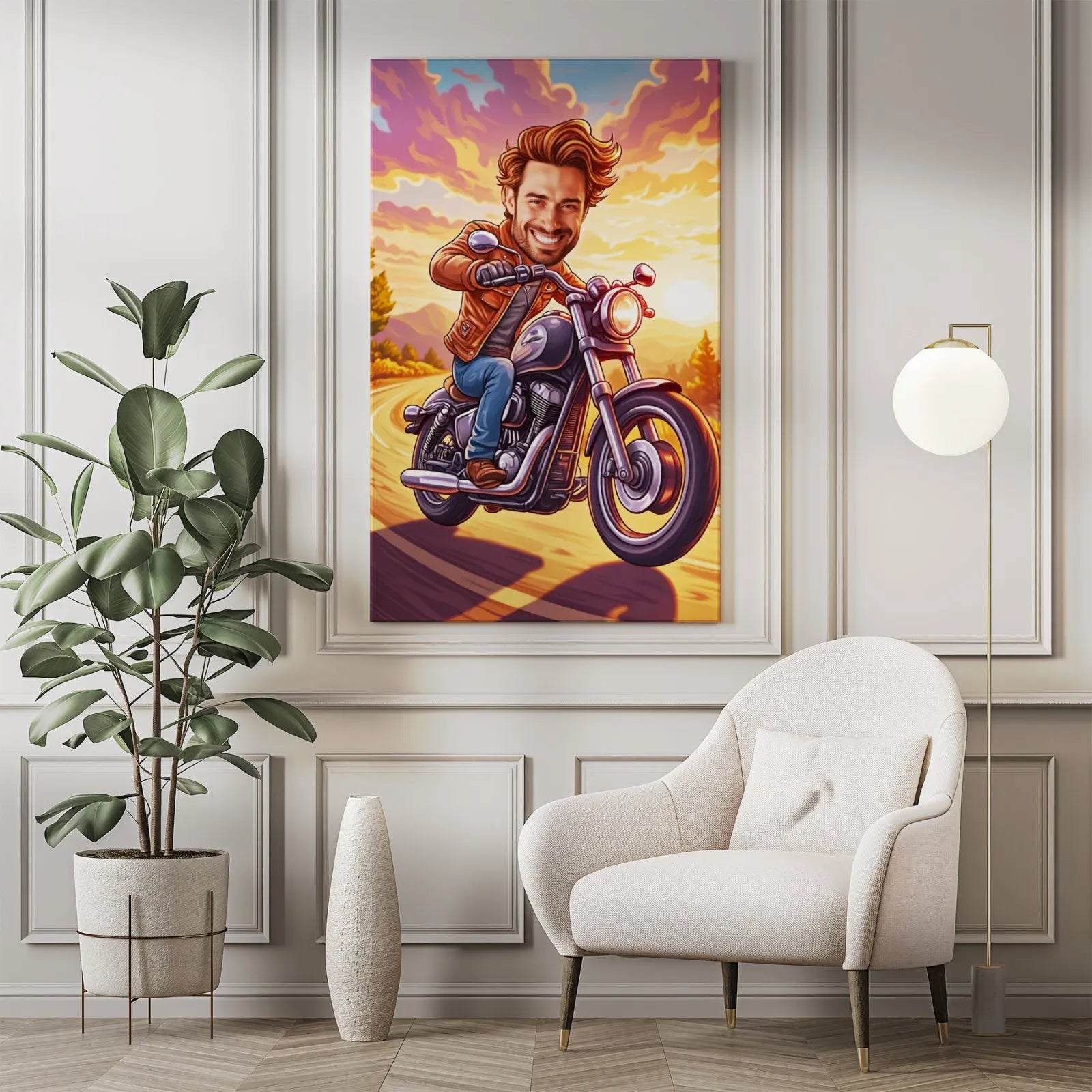 Karykatura motocyklisty na płótnie z rysunkowym mężczyzną na motorze