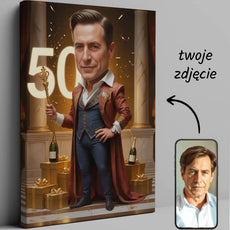 Humorystyczna karykatura na 50 urodziny na płótnie jako wyjątkowy prezent