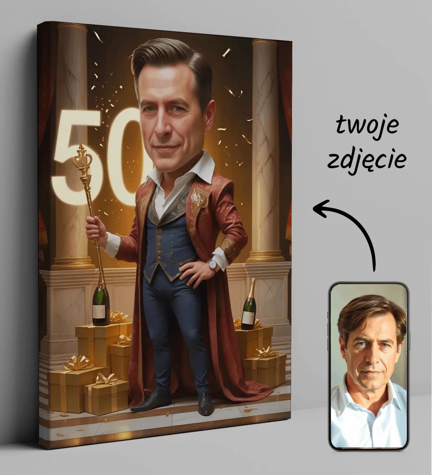Humorystyczna karykatura na 50 urodziny na płótnie jako wyjątkowy prezent