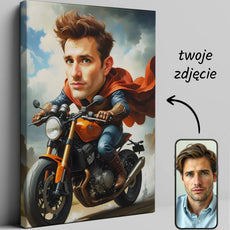 Karykatura na motorze z personalizowanym superbohaterem na motocyklu