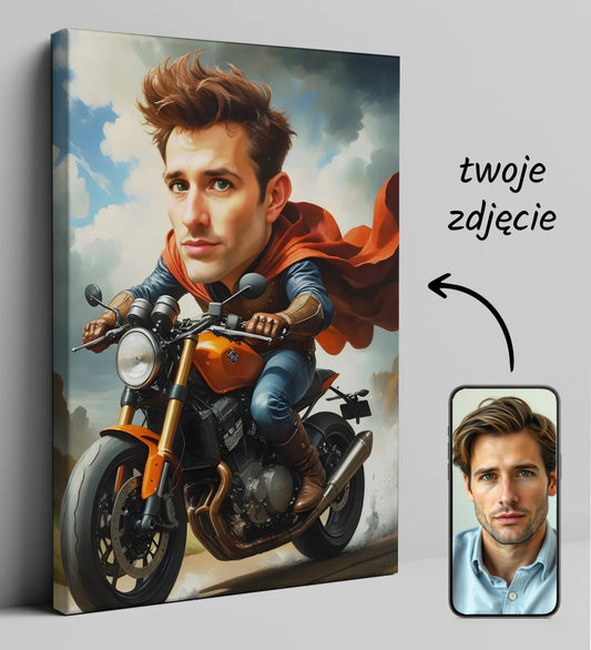 Karykatura na motorze z personalizowanym superbohaterem na motocyklu