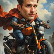Karykatura na motorze, superbohater w komiksowym stylu na motocyklu