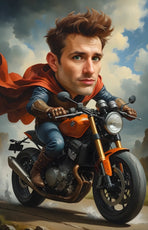 Karykatura na motorze, superbohater w komiksowym stylu na motocyklu