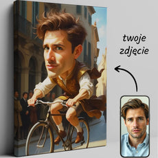 Karykatura na rowerze przedstawiająca kolorowy portret na płótnie