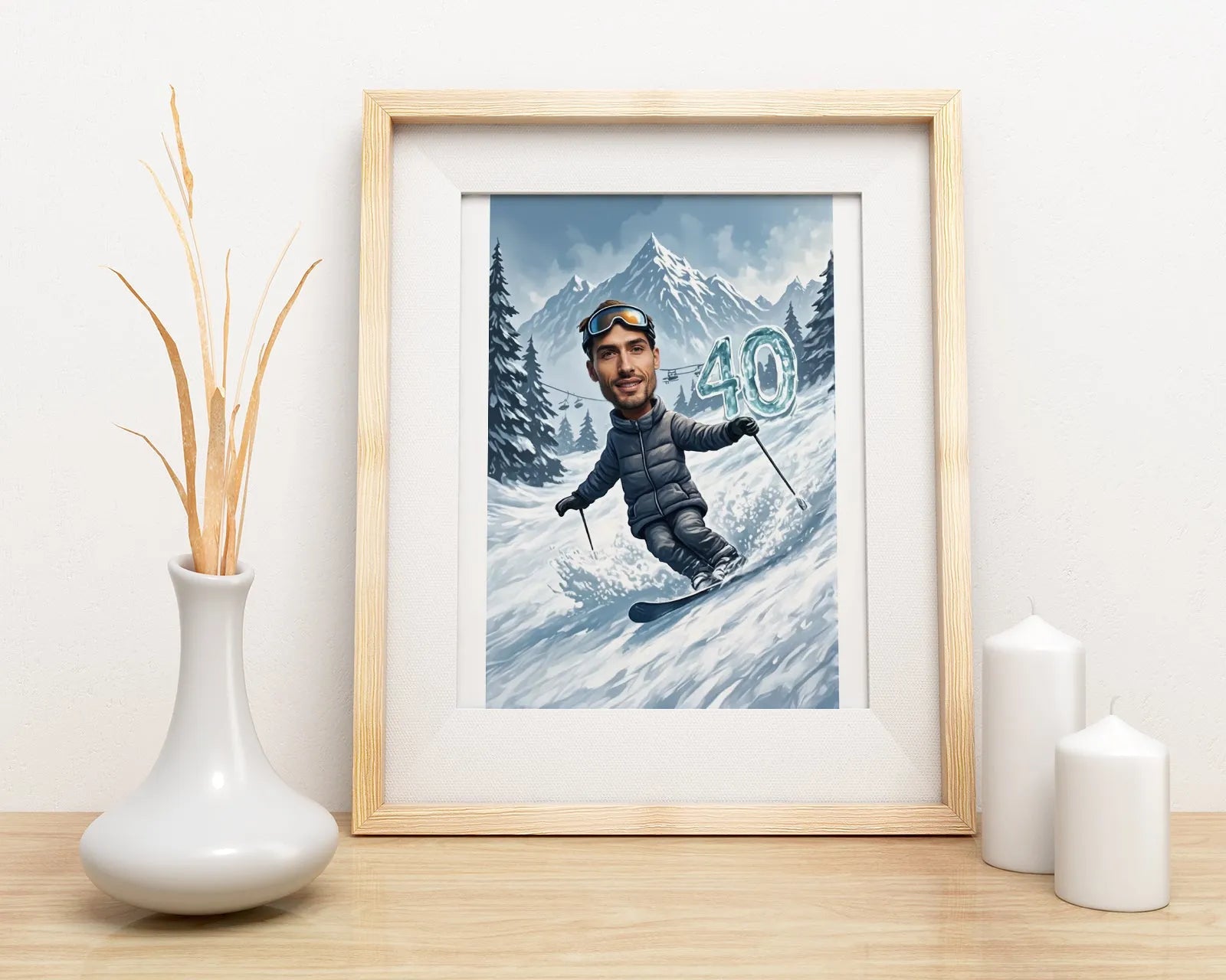 Framed caricature of a skier as a perfect gift for winter sports enthusiasts