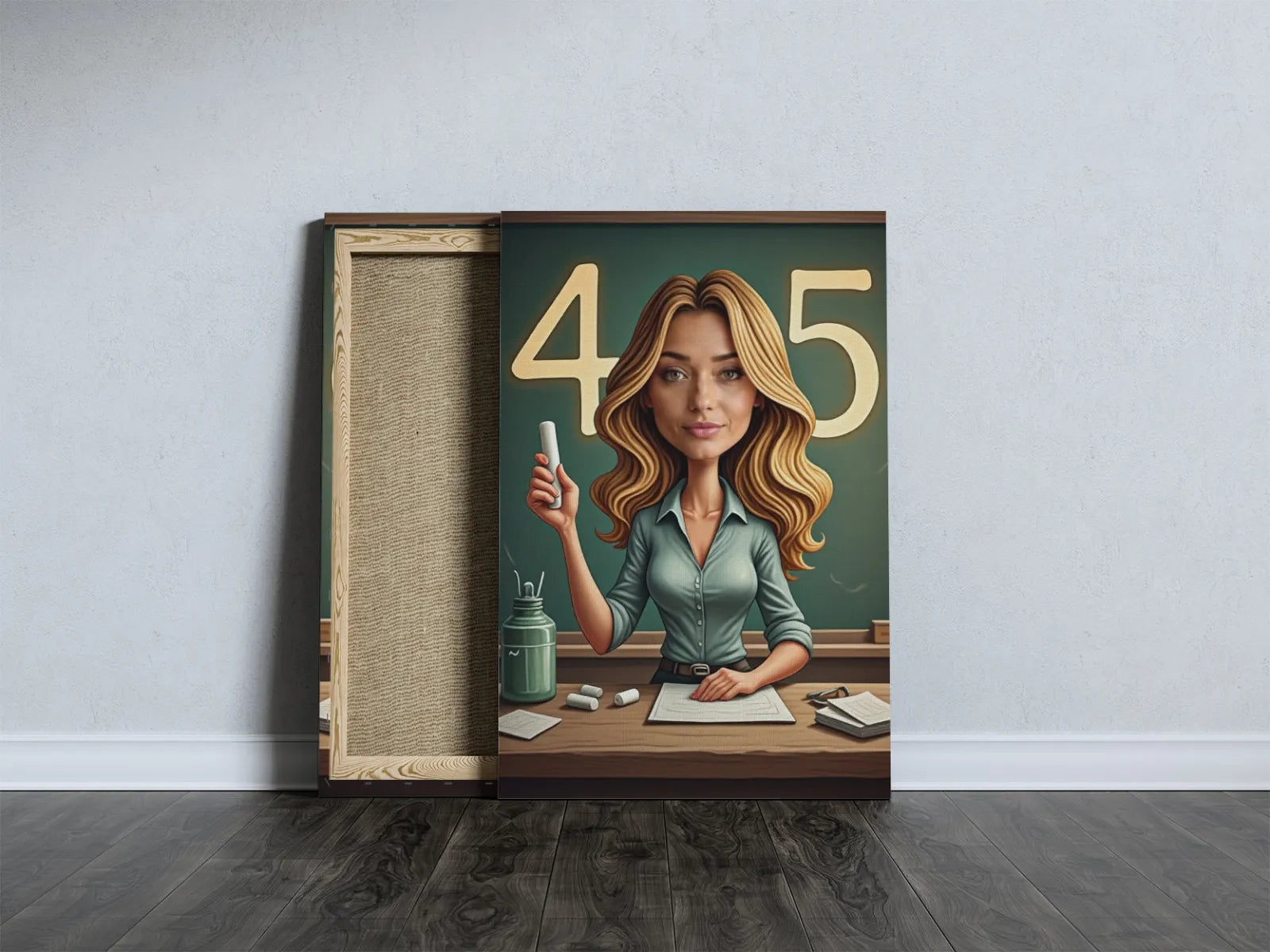 Canvas print Karykatura nauczycielki z blond włosami i tablicą z liczbami