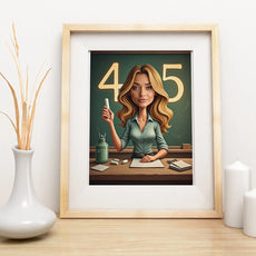 Framed cartoon portrait of female teacher holding chalk in front of chalkboard, Karykatura nauczycielki