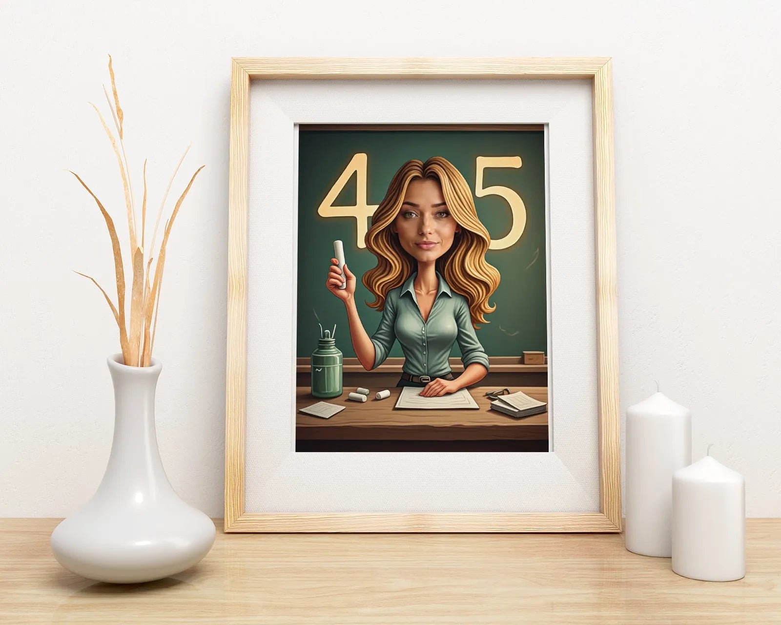 Framed cartoon portrait of female teacher holding chalk in front of chalkboard, Karykatura nauczycielki