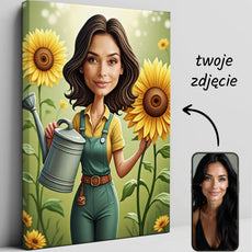 Personalizowany plakat na płótnie z rysunkową kobietą w polu słoneczników Karykatura ogrodniczki