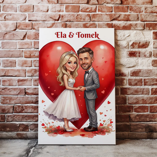 Karykatura pary z imionami Ela i Tomek na ślub i rocznicę