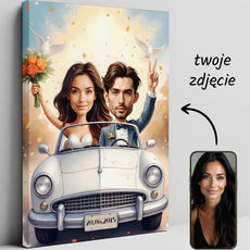 Personalizowany obraz na płótnie z kreskówkową parą młodą w samochodzie
