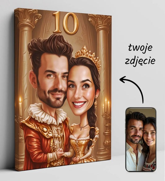 Karykaturalny portret pary w królewskich strojach na 10 rocznicę ślubu