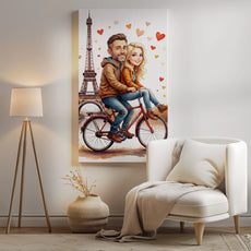 Karykatura pary na rowerze czerwonym pod Wieżą Eiffla z serduszkami