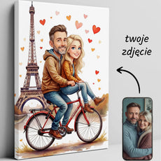 Karykatura pary na czerwonym rowerze z Wieżą Eiffla i serduszkami