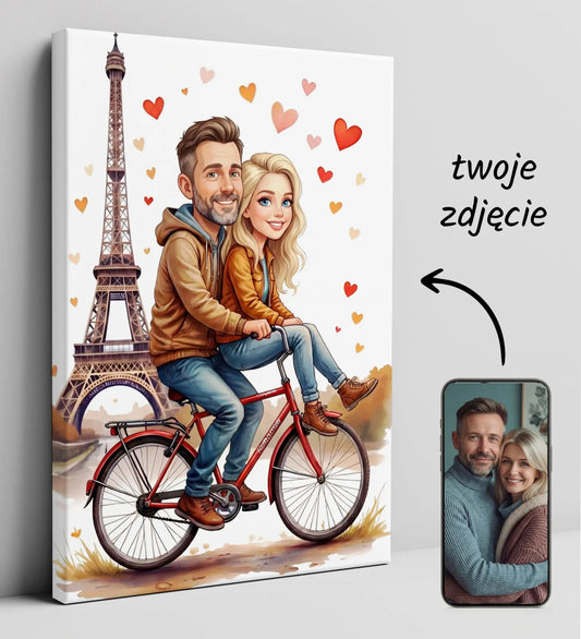 Karykatura pary na czerwonym rowerze z Wieżą Eiffla i serduszkami