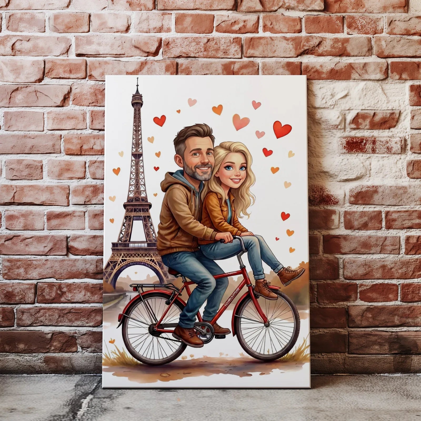 Uroczy plakat karykatury pary na czerwonym rowerze z Wieżą Eiffla i serduszkami