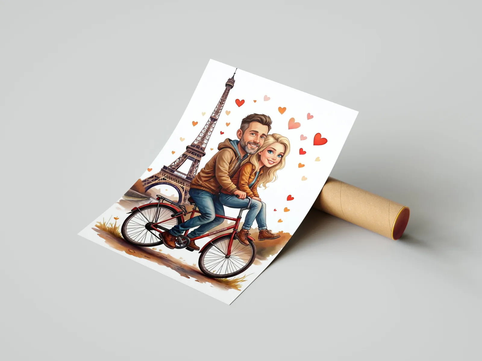 Karykatura pary na rowerze z wieżą Eiffla i serduszkami