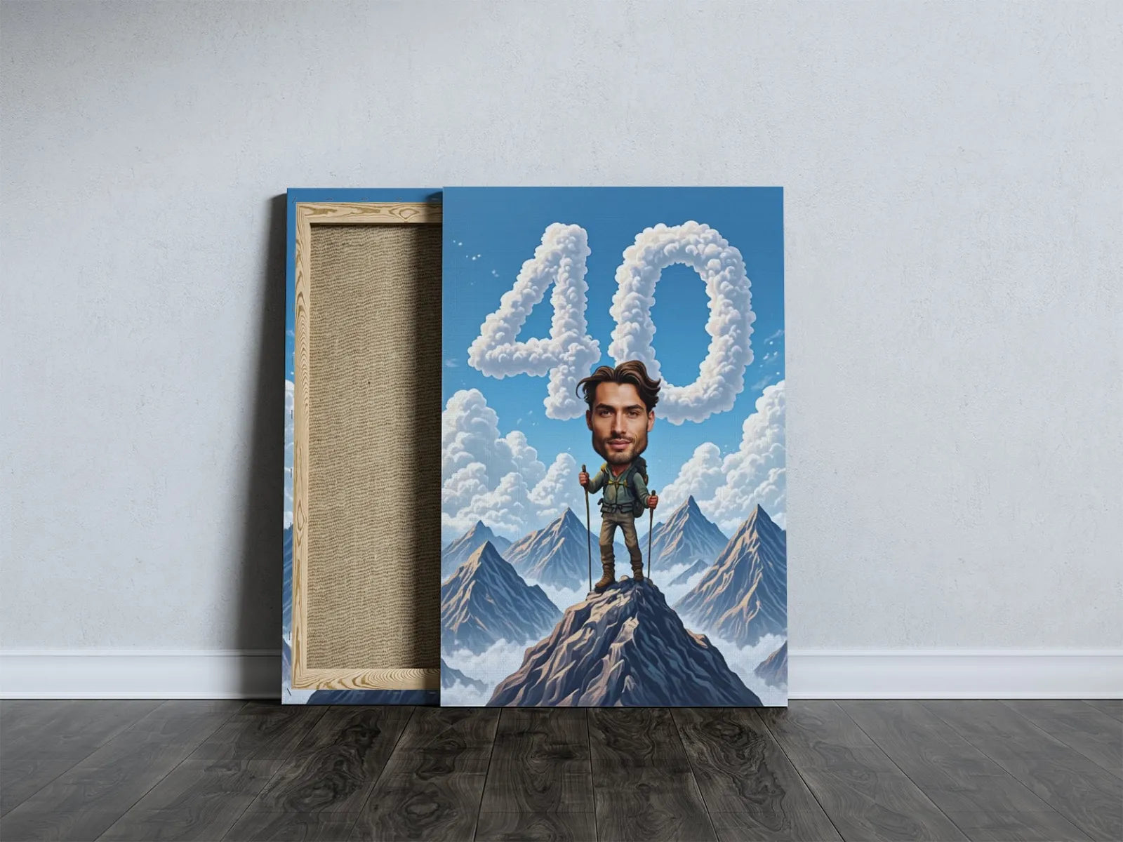 Canvas print of a hiker celebrating 40th birthday, ideal gift for mountain climbers