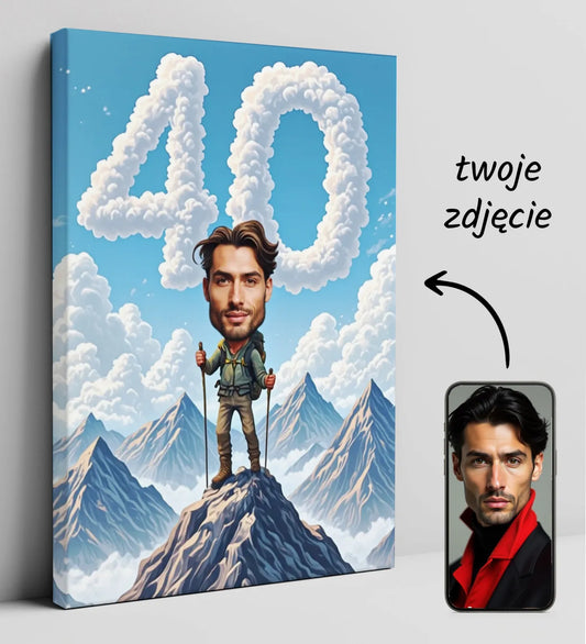 Spersonalizowany portret alpinisty na 40 urodziny na płótnie prezent dla pasjonata gór