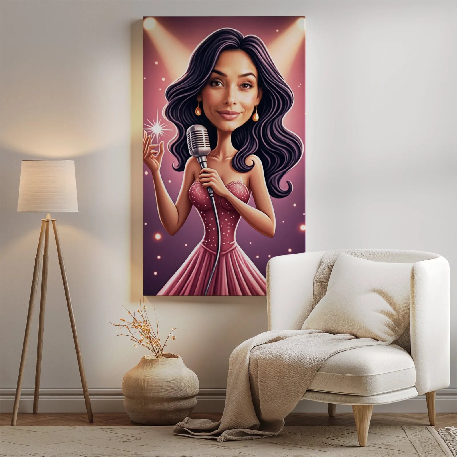Verticalny plakat z cartoonową piosenkarką w różowej sukni trzymającą mikrofon