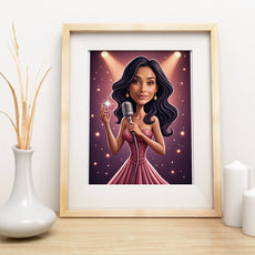 Framed cartoon illustration of a female singer in a pink dress holding a microphone