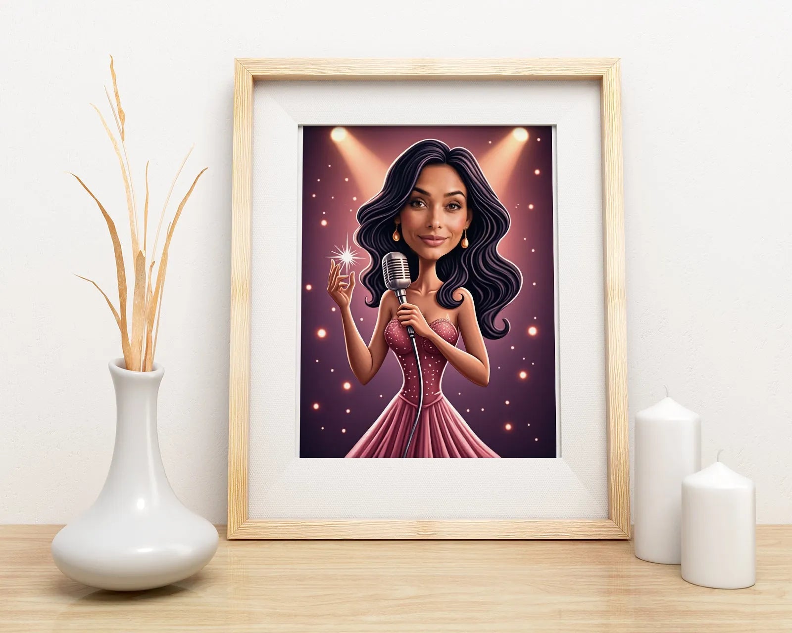Framed cartoon illustration of a female singer in a pink dress holding a microphone